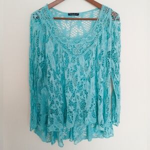 Bella Amore Teal Crochet Top Made In Italy Beach Cover Up Fishnet One Size